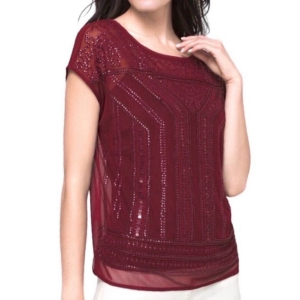 White House Black Market Burgundy Embellished Blouse